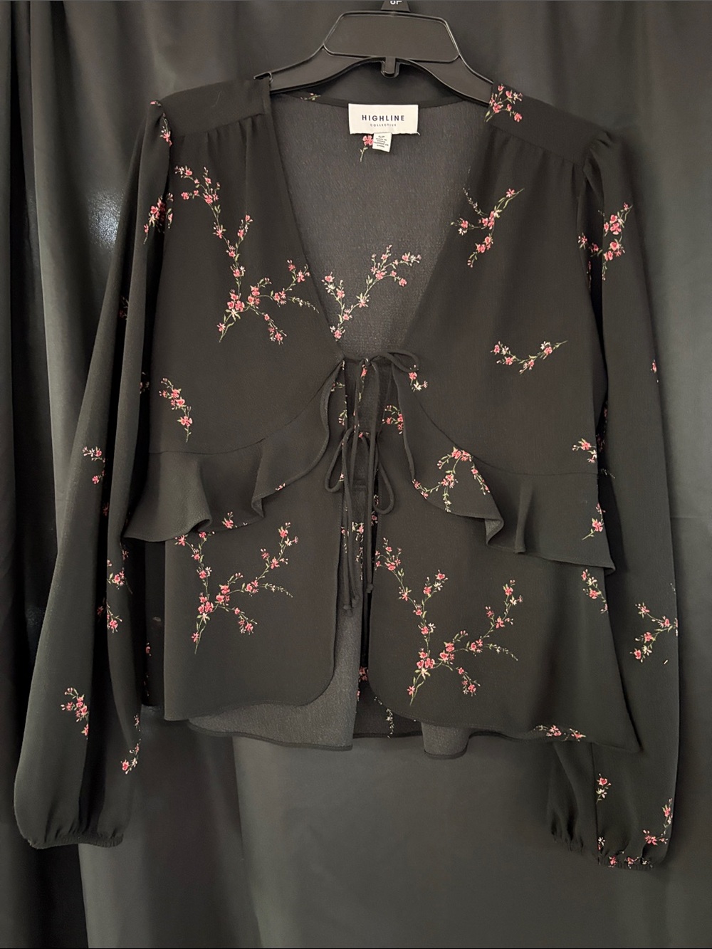 Highline Black Floral Tie-Front Blouse with Ruffle Trim